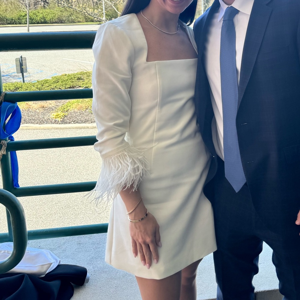 LIKELY Cher Long Sleeve White Mini Dress with Feathers Size US 2